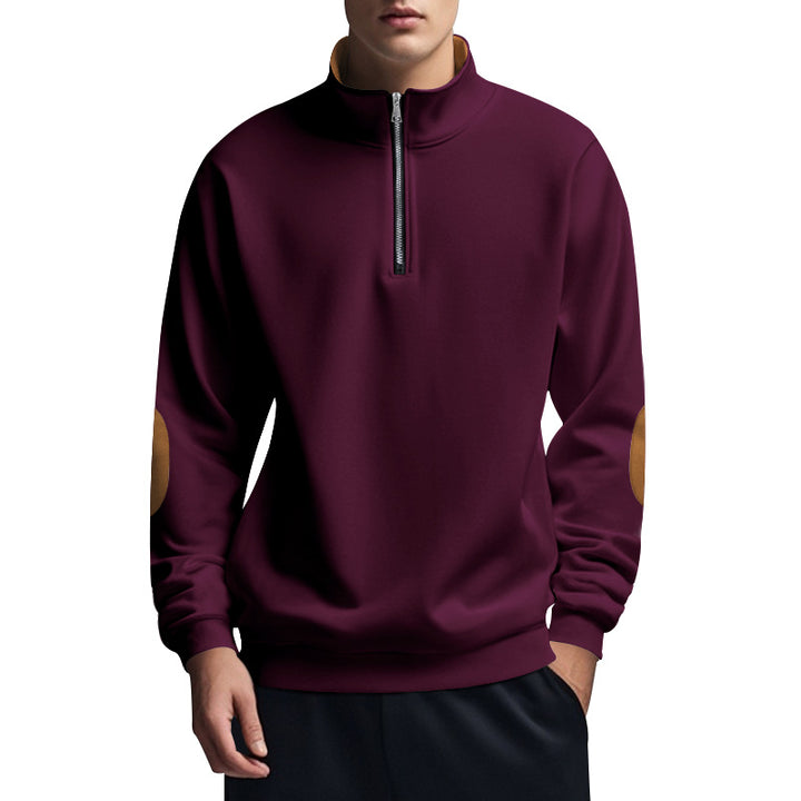 Herren nan halbhoher Zip-Pullover mit Stehkragen, Ellbogen-Patches und modernem Regular Fit Drune