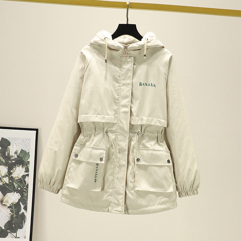 Damen Wasserabweisender Kapuzenparka mit Teddyfutter Tunnelzugtaillierung und Mehrfachtaschen Drune
