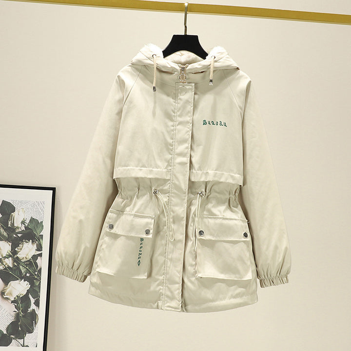 Damen Wasserabweisender Kapuzenparka mit Teddyfutter Tunnelzugtaillierung und Mehrfachtaschen Drune