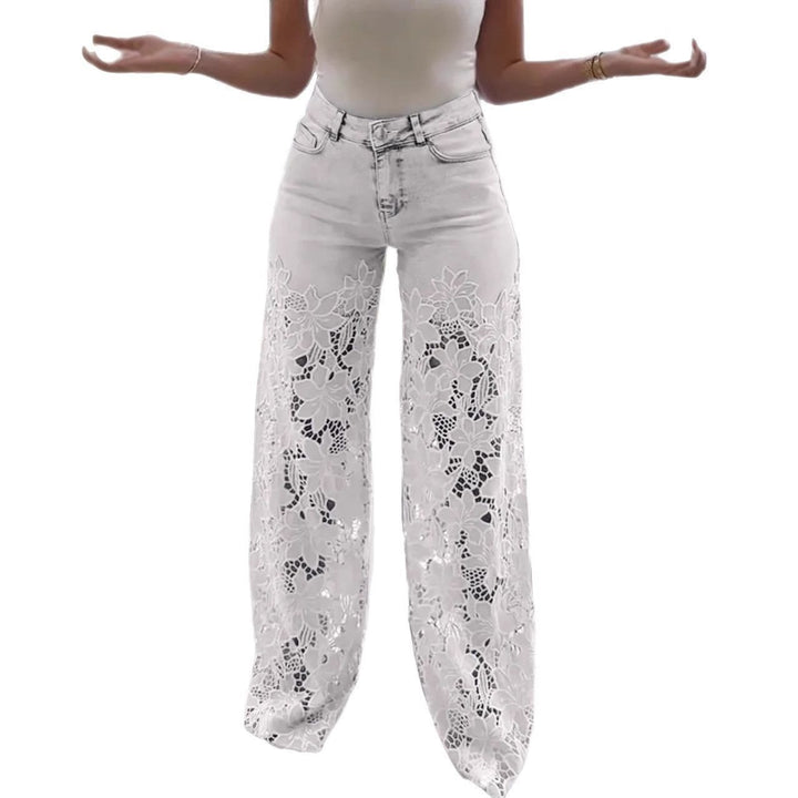 Damen Elegante weite Jeanshose mit floralem Spitzeinsatz Drune