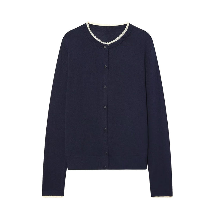 Damen Feinstrick-Cardigan mit Rundhals, Knopfleiste und Spitzenbesatz Drune