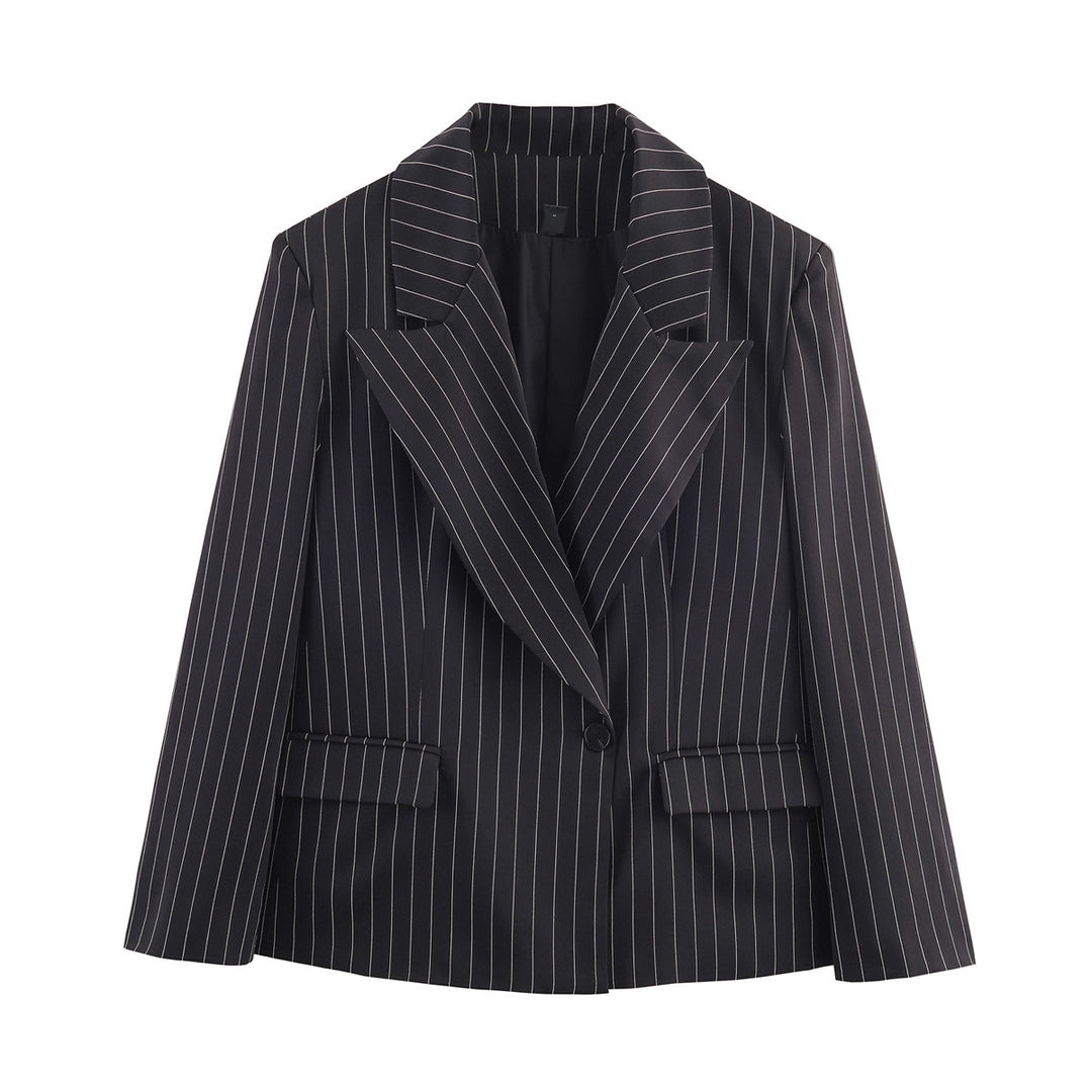 Damen Nadelstreifen-Blazer mit weitem Revers, Ein-Knopfverschluss und Pattentaschen Drune