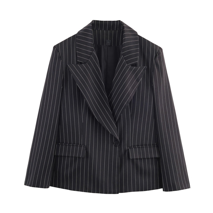 Damen Nadelstreifen-Blazer mit weitem Revers, Ein-Knopfverschluss und Pattentaschen Drune