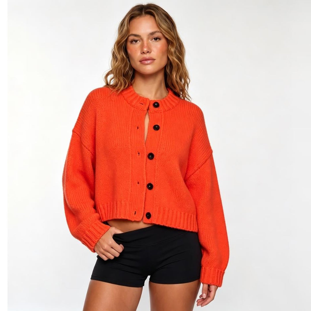 Damen Grobstrick Cropped Cardigan mit überschnittener Schulter & breiten Rippbündchen Drune