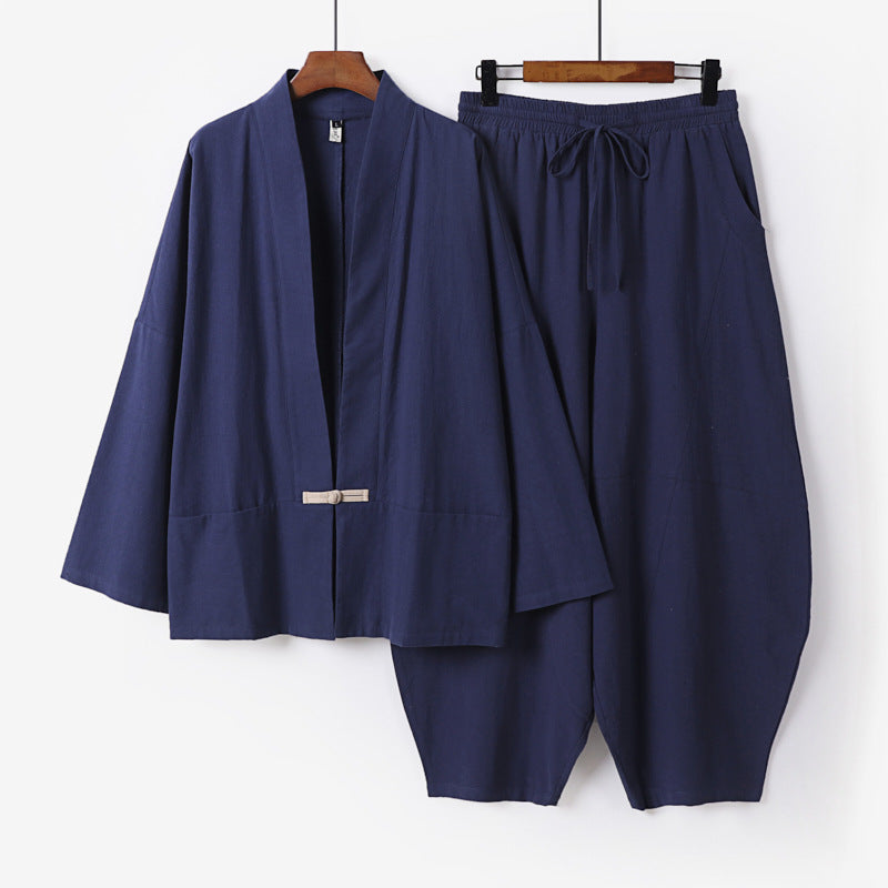 Herren Kimono-Loungewear-Set mit kurzem Schalkragen und weiten Harem-Bundhosen Drune