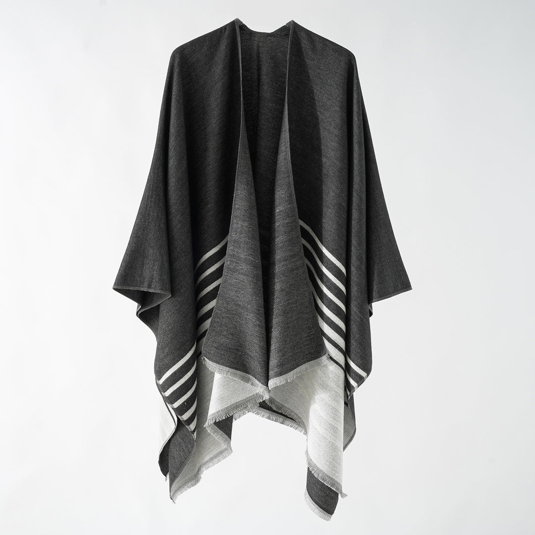 Damen Oversize-Umhangponcho im kastigen Fall mit diagonalem Streifenpanel und feinfransigem Saum Drune