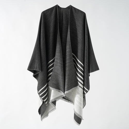 Damen Oversize-Umhangponcho im kastigen Fall mit diagonalem Streifenpanel und feinfransigem Saum Drune