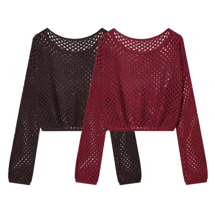 Damen Kurzgeschnittener Häkelpullover mit Lochmuster und weitem Ausschnitt Drune