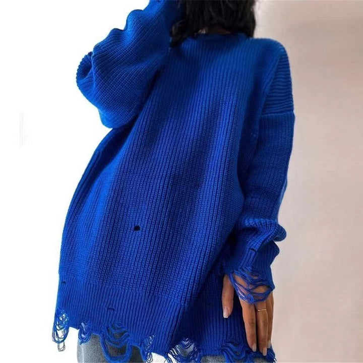 Damen Oversize Grobstrick-Minikleid mit Destroy-Effekt und Rundhalsausschnitt Drune