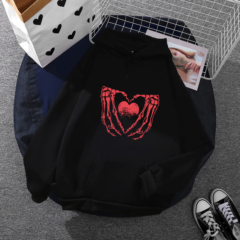 Damen nan stylischer Kapuzenpullover mit Skeletthand Herzmotiv und Kängurutasche Drune