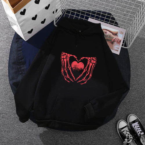 Damen nan stylischer Kapuzenpullover mit Skeletthand Herzmotiv und Kängurutasche Drune