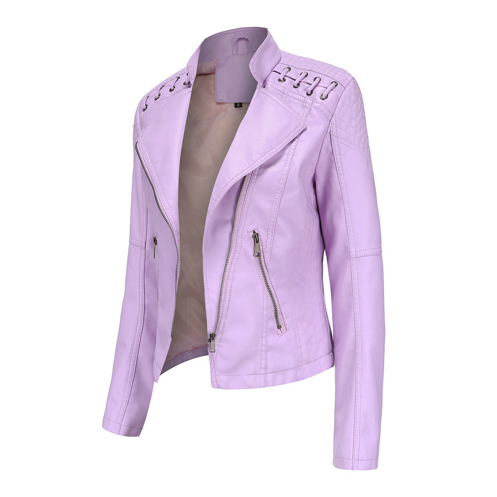 Damen nan taillierte Kunstleder-Bikerjacke mit gesteppter Schulterpartie, asymmetrischem Reißverschluss und Zierösen Drune