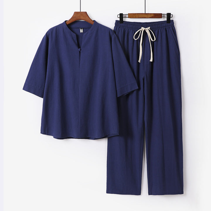 Unisex Lockeres Lounge-Set mit Stehkragen-Halbarmshirt und Elastischer Bundhose Drune
