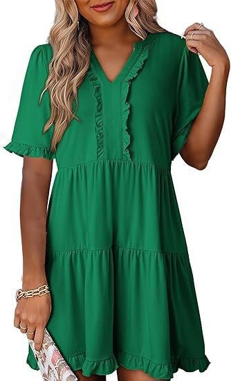 Damen nan leichtes Swingkleid mit V-Ausschnitt, gestufter Rockpartie und zarten Volants Drune