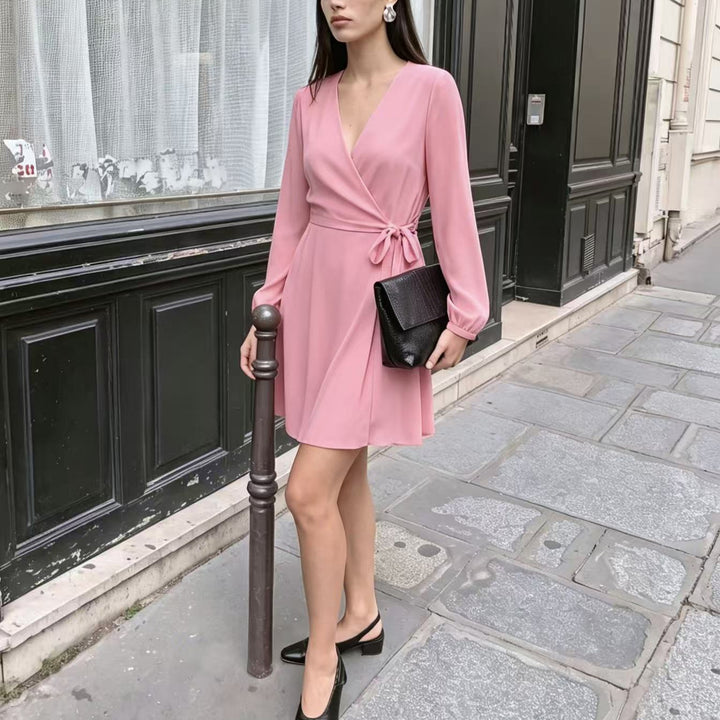 Damen Elegantes Wickel-Minikleid mit tiefem V-Ausschnitt und langen Ärmeln Drune
