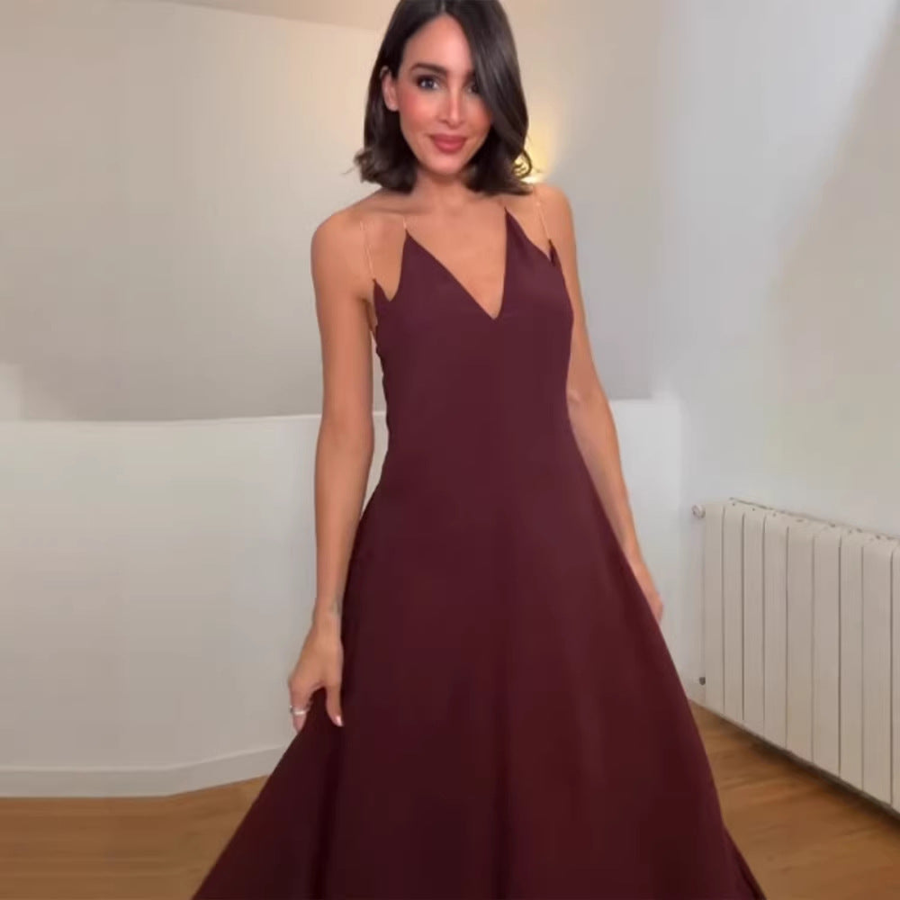 Damen elegantes Maxikleid mit tiefem V-Ausschnitt und fließendem Rock Drune