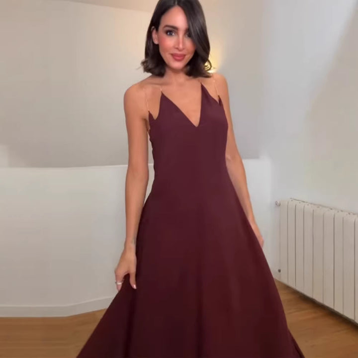 Damen elegantes Maxikleid mit tiefem V-Ausschnitt und fließendem Rock Drune