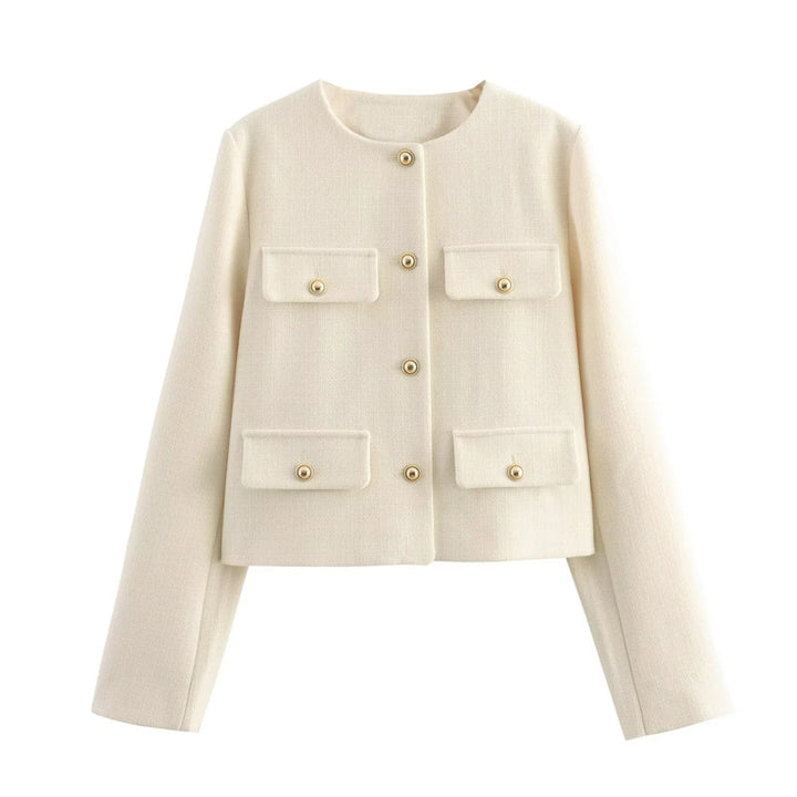 Damen Modische Kurzjacke mit dekorativen Knöpfen und praktischen Taschen Drune