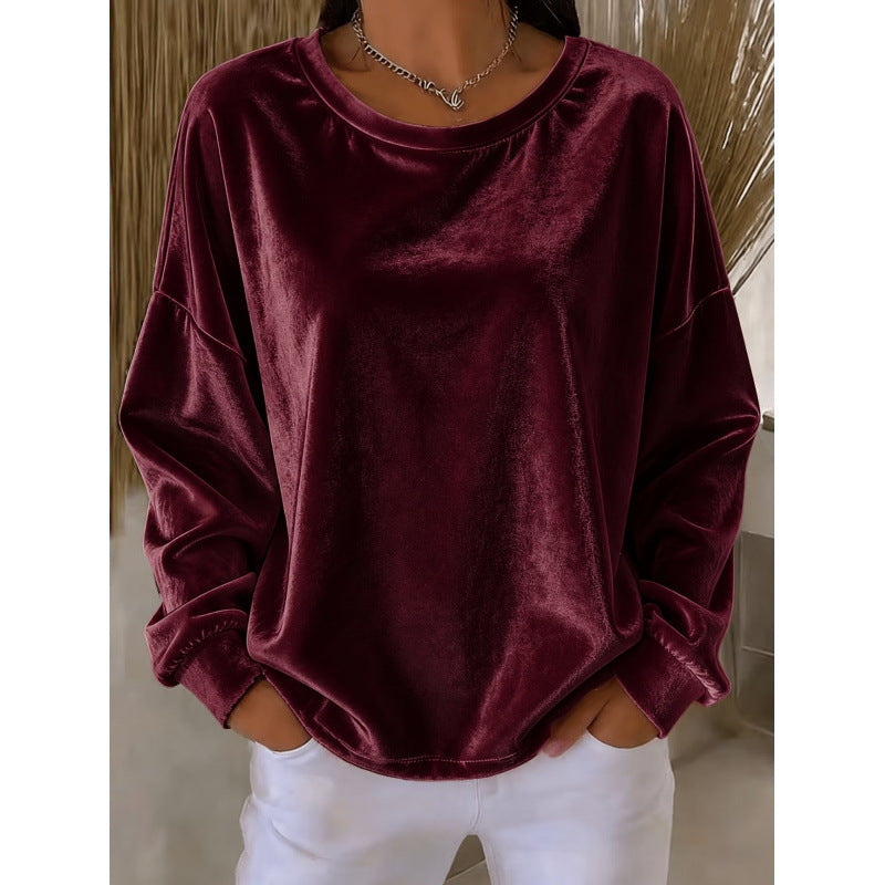 Damen Samt-Oversize-Sweatshirt mit Rundhalsausschnitt und eingesetzter Schulter Drune