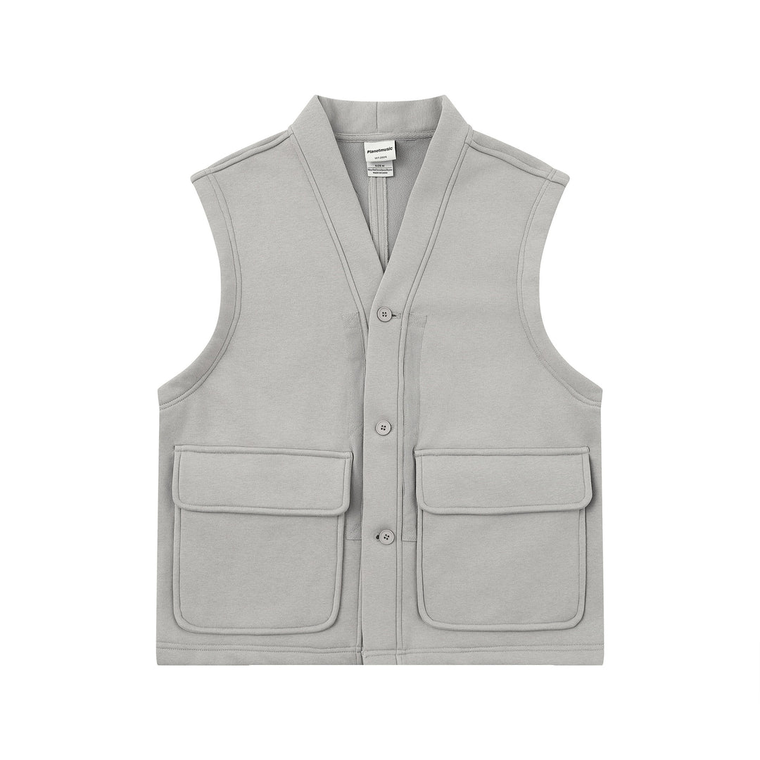 Unisex Utility‑Weste mit V-Ausschnitt, großformatigen Klappentaschen und Knopfleiste Drune