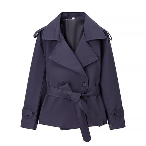 Damen Kurzer Trenchcoat mit Bindegürtel und Doppelreiher Drune