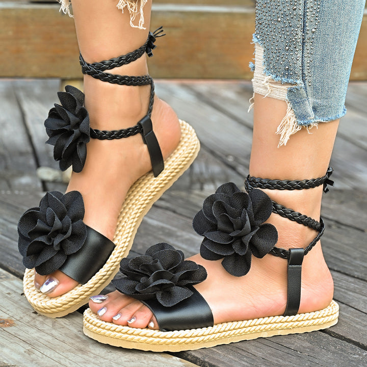 Damen Elegante Badesandalen mit floralen Applikationen und geflochtenem Riemendesign Drune