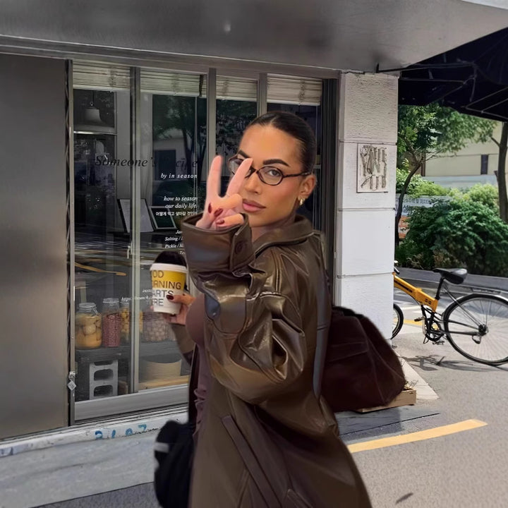 Damen Lässige Kunstlederjacke mit oversized Schnitt und eleganten Details Drune