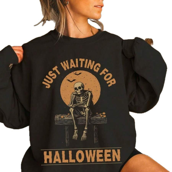 Damen nan Oversize-Sweatkleid mit Halloween-Skelettprint, weichem Baumwollmix und geripptem Rundhalsausschnitt Drune