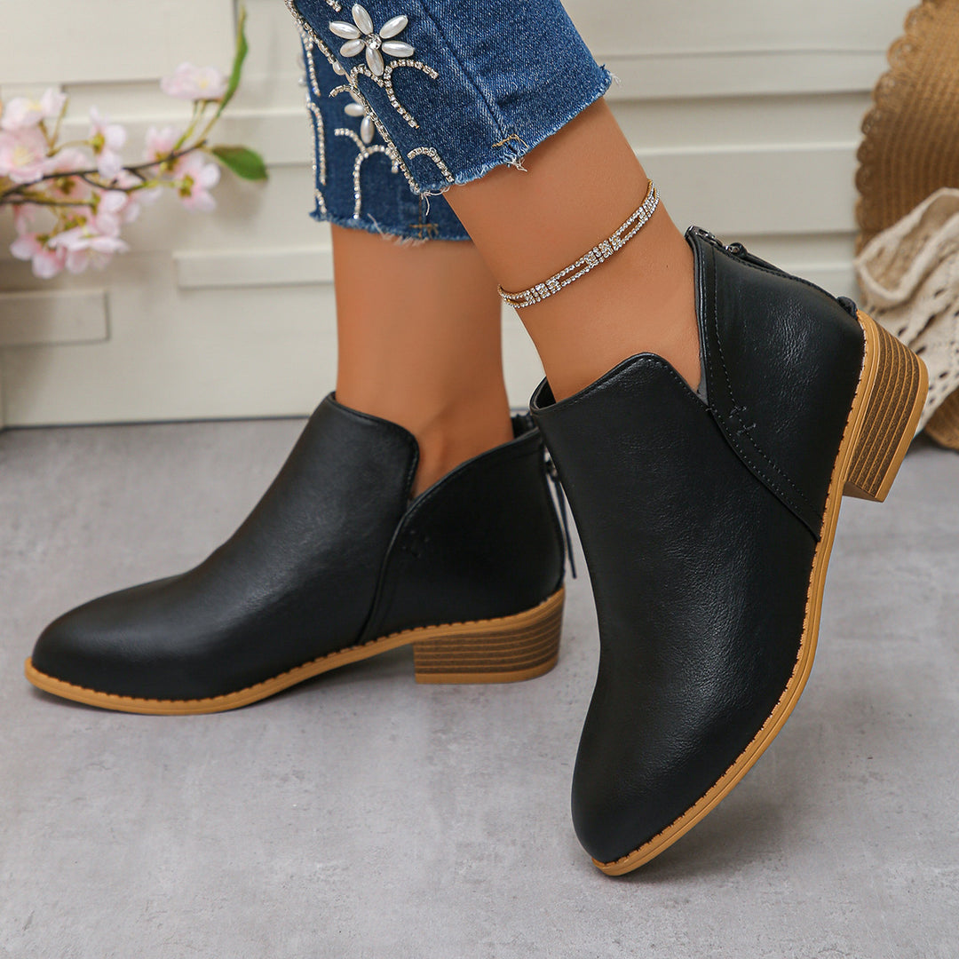 Damen nan kurze Stiefelette mit hinterem Reißverschluss niedrigem Blockabsatz und seitlichem V-Schnitt Drune