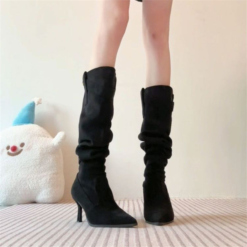 Damen kniehohe Slouch-Stiefel mit spitz zulaufender Kappe und schlankem Stiletto Drune