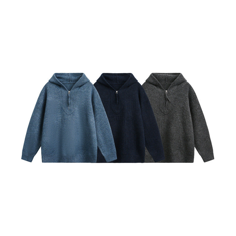 Unisex Grobgestrickter Kapuzenpullover mit halbem Reißverschluss und Boxy‑Schnitt Drune