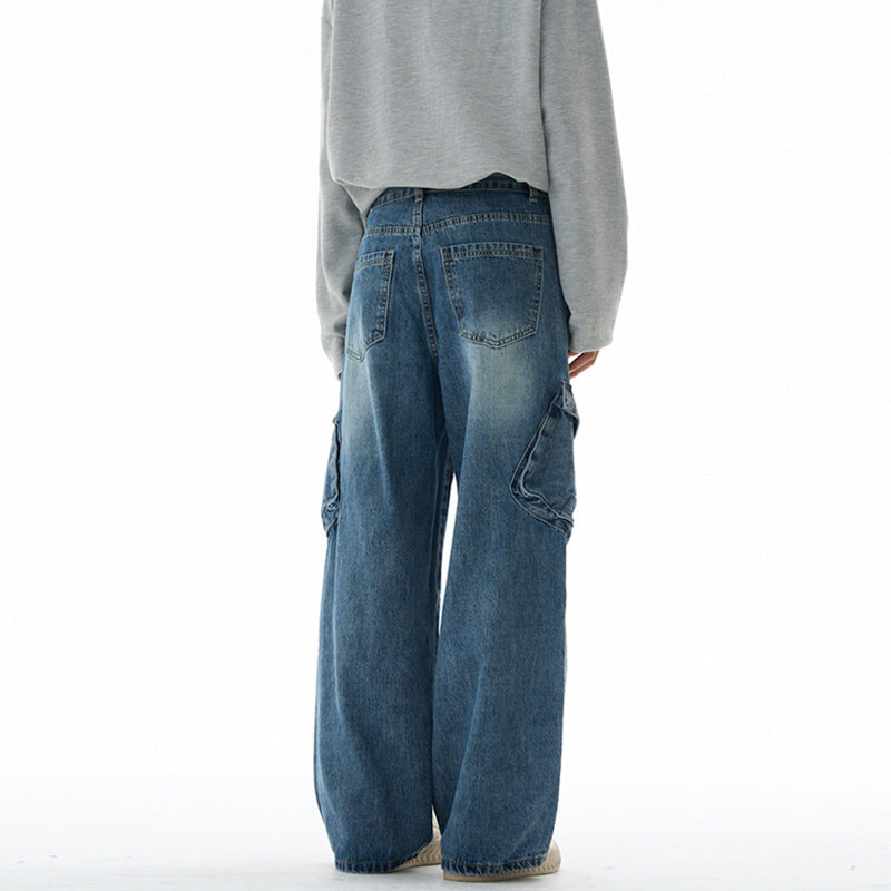 Damen Hochtaillierte Utility-Denim-Palazzohose mit Kniepaneelen und großen Klappentaschen Drune