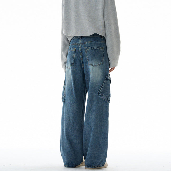 Damen Hochtaillierte Utility-Denim-Palazzohose mit Kniepaneelen und großen Klappentaschen Drune