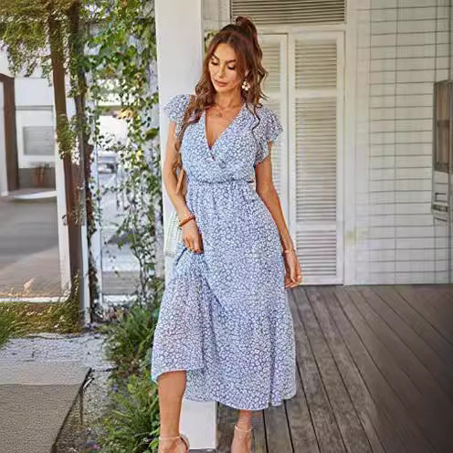 Damen Maxikleid mit tiefem V-Ausschnitt und schwingendem Rock Drune