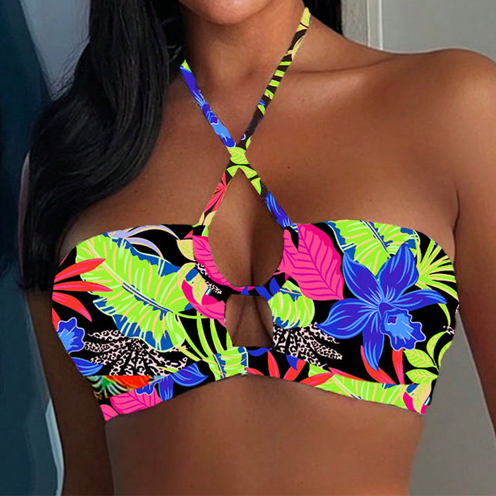 Damen Bandeau-Bikini-Top mit kreativem Kreuzdesign und Blätterprint Drune