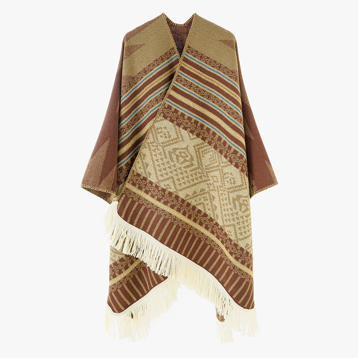 Damen Ethno-Jacquard Cape aus Wollmix mit asymmetrischem Saum, V-Ausschnitt und Fransen Drune