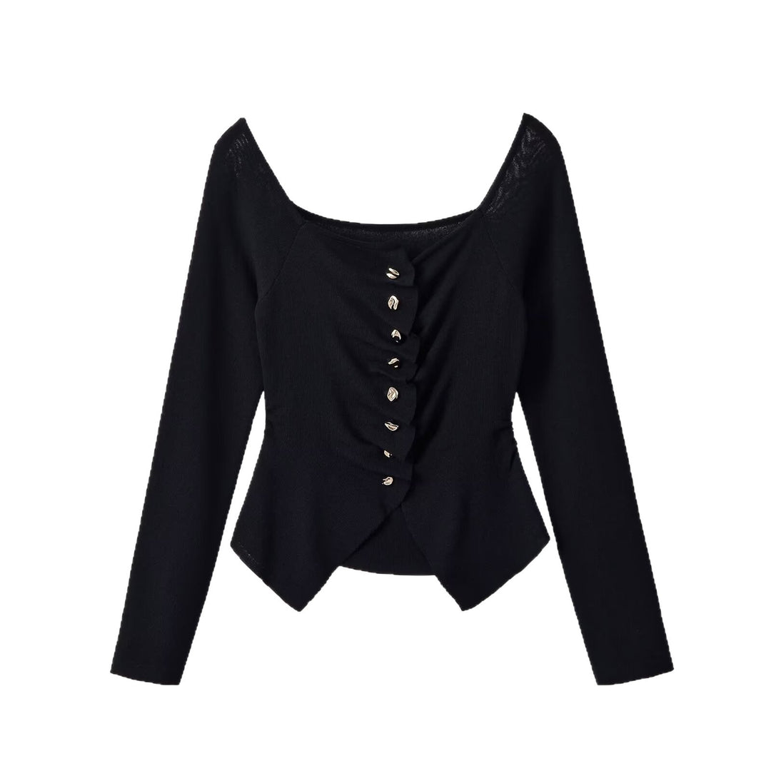 Damen Figurbetonte Rüschenbluse mit goldfarbenen Zierknöpfen und asymmetrischem Peplum Drune