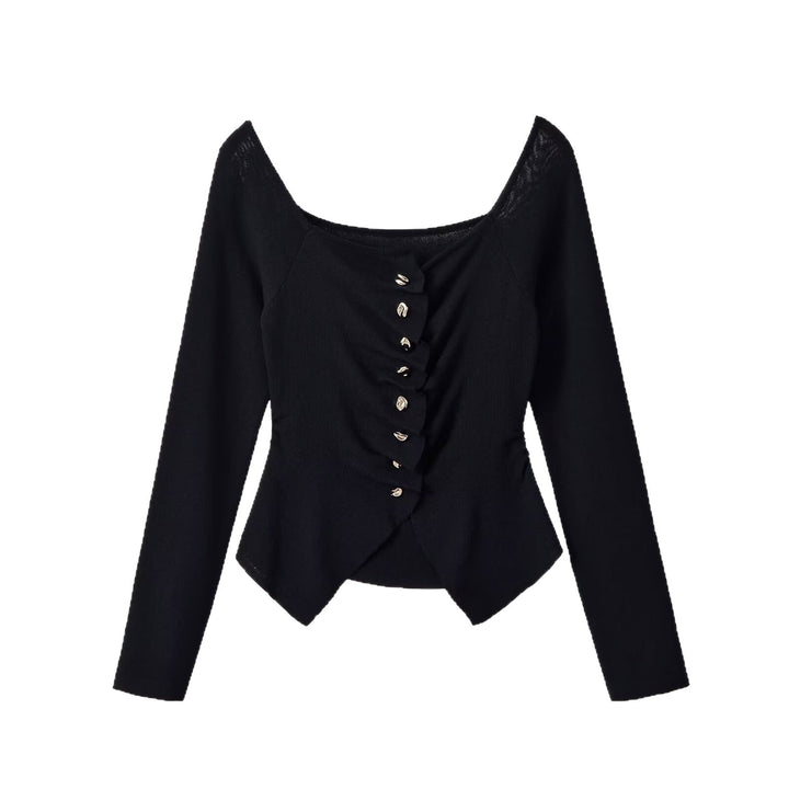 Damen Figurbetonte Rüschenbluse mit goldfarbenen Zierknöpfen und asymmetrischem Peplum Drune