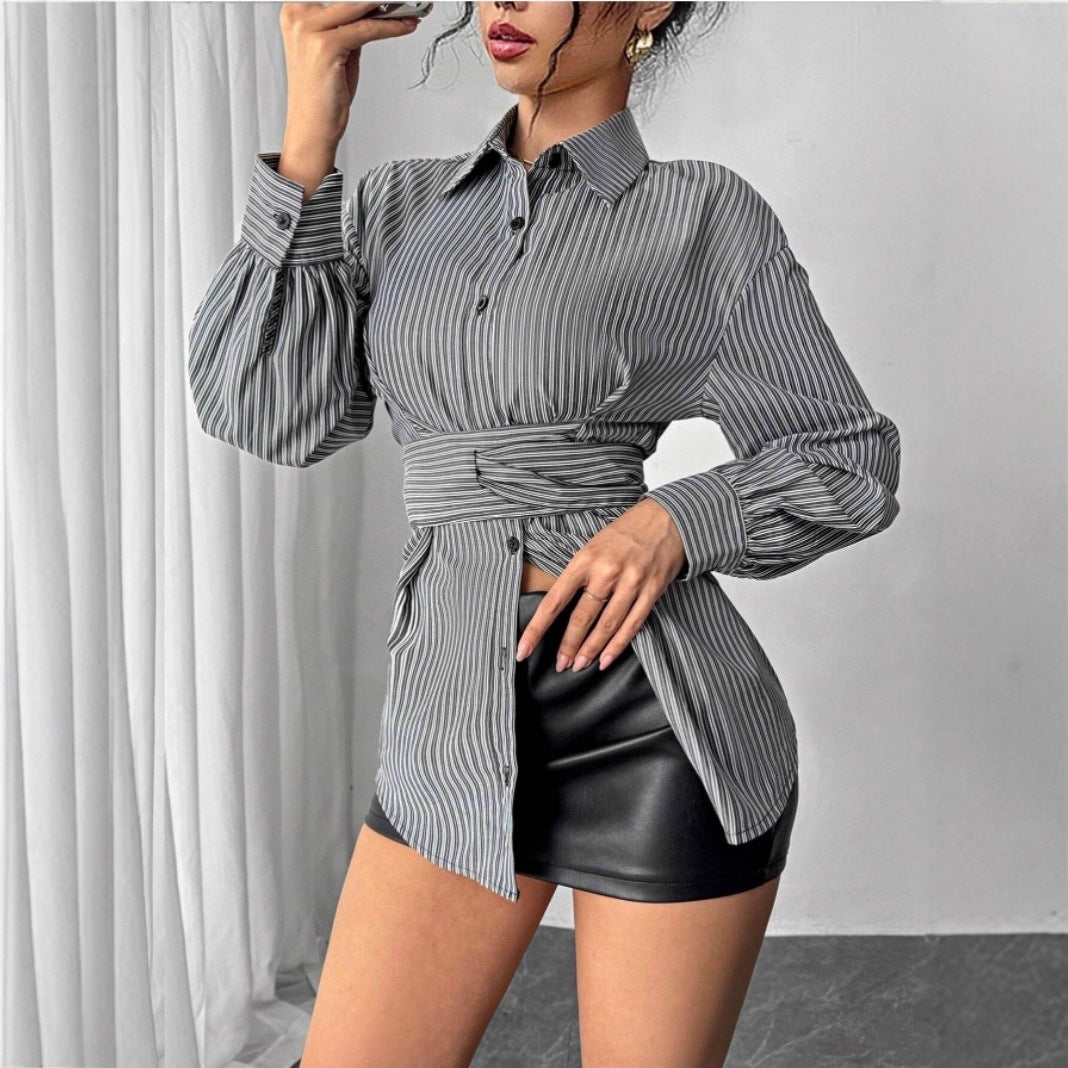 Damen Modische gestreifte Hemdbluse mit Taillenbindung Drune
