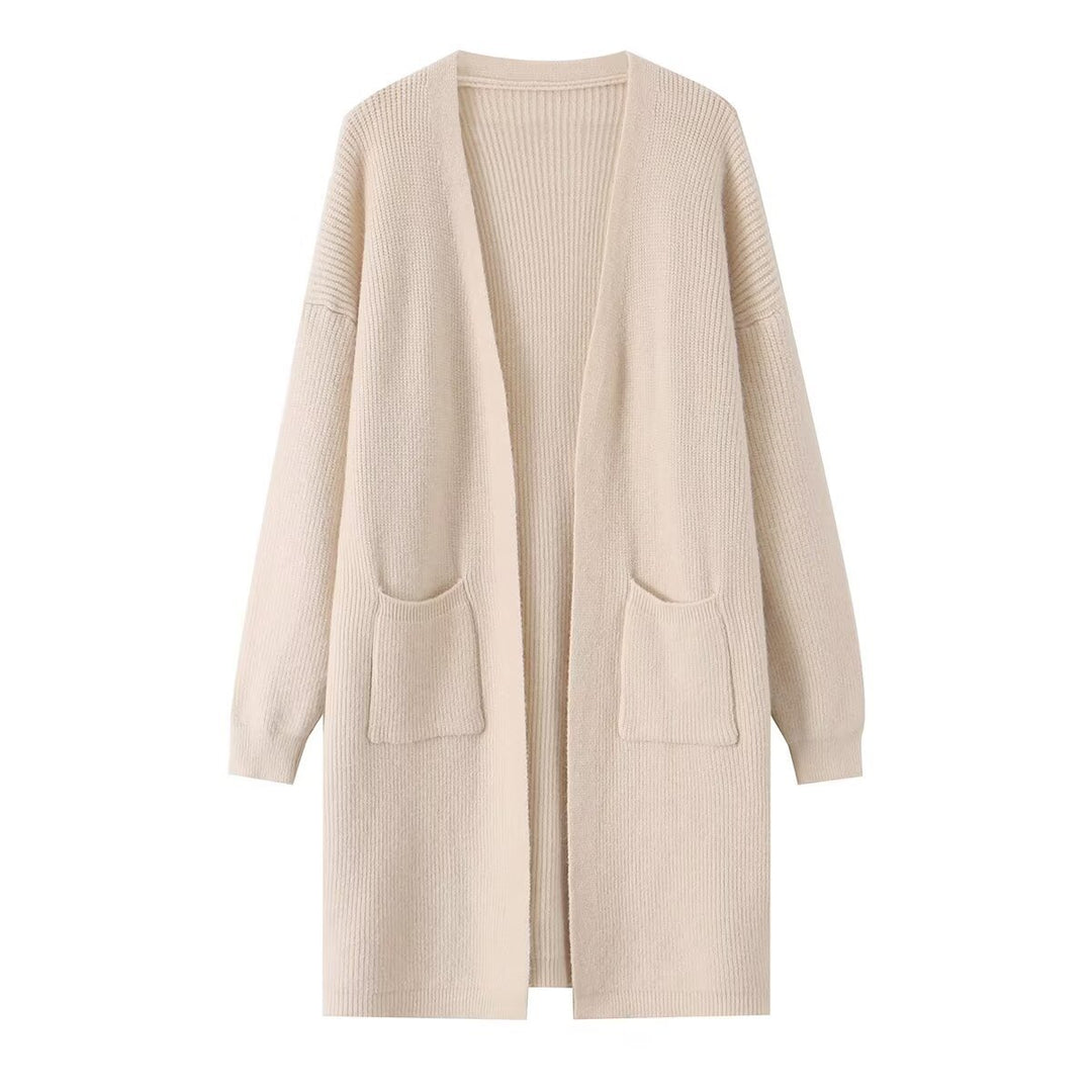 Damen Longline Strickcardigan mit aufgesetzten Taschen und offener Front Drune