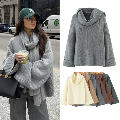 Damen Boxy-Cropped Grobstrick-Pullover mit voluminösem Schalkragen Drune