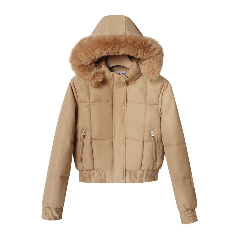 Damen nan kurzer isolierender Kapuzenblouson mit voluminöser Pelzkragenblende und elastischem Rippsaum Drune