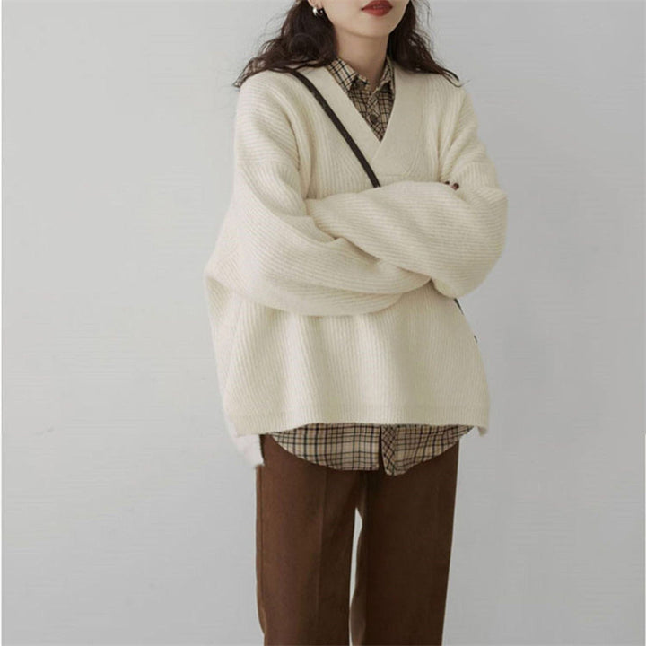 Damen kuscheliger V-Ausschnitt Pullover im oversize Schnitt Drune