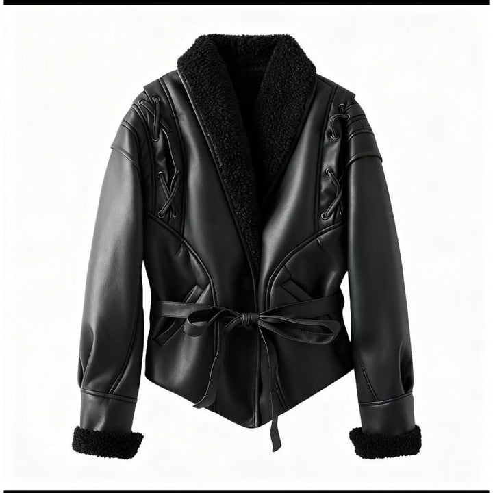 Damen Kunstlederjacke mit warmem Teddyfutter und eleganten Schnürdetails Drune