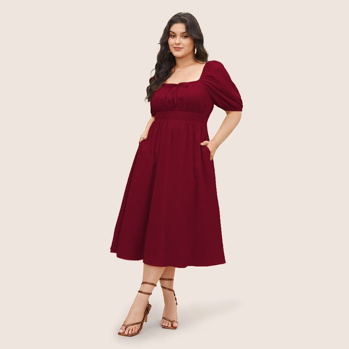 Damen elegantes Midikleid mit modischen Puffärmeln und Taillenschnürung Drune