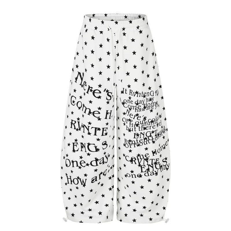 Damen Weite Palazzo-Loungehose mit Sternenallover, Tunnelzugbund und typografischem Print Drune