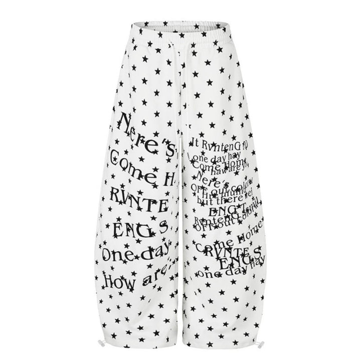Damen Weite Palazzo-Loungehose mit Sternenallover, Tunnelzugbund und typografischem Print Drune