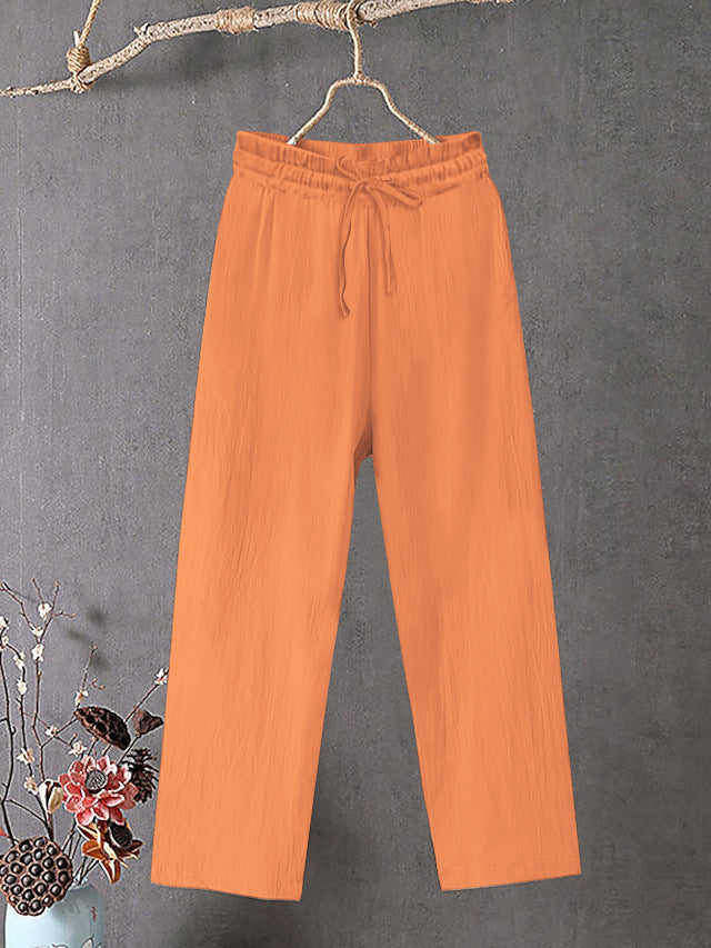 Damen Crinkle Leinenmischung Hose mit elastischem Kordelzug, gerade Beinform und lässiger Passform Drune