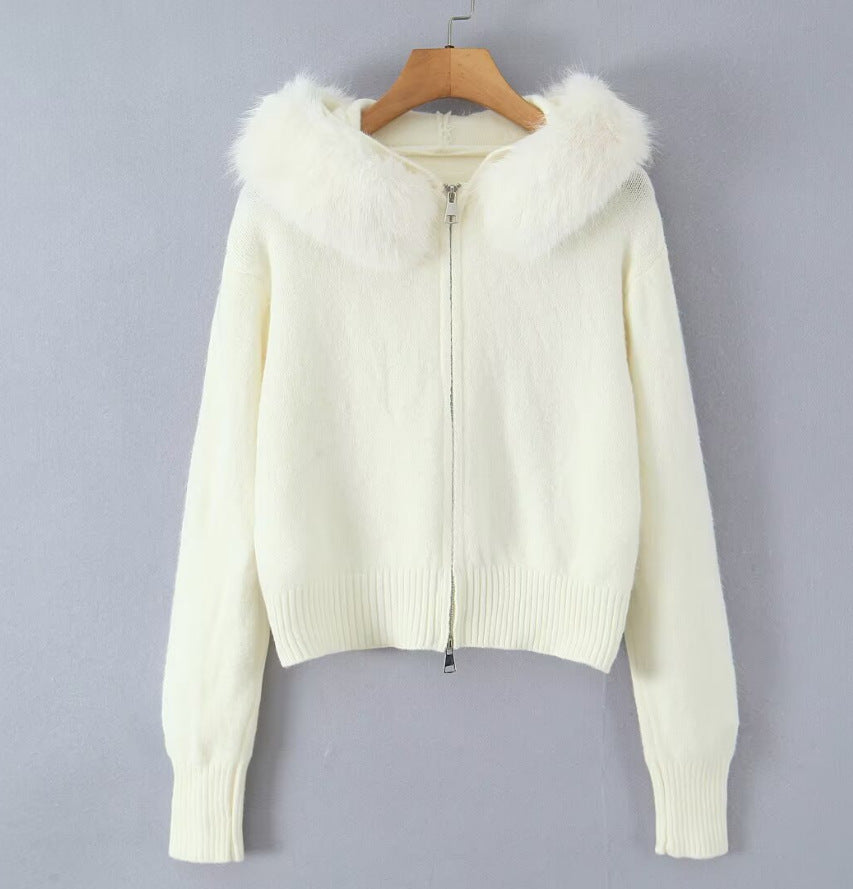 Damen Strickjacke mit luxuriösem Kunstfellkragen und Reißverschluss Drune