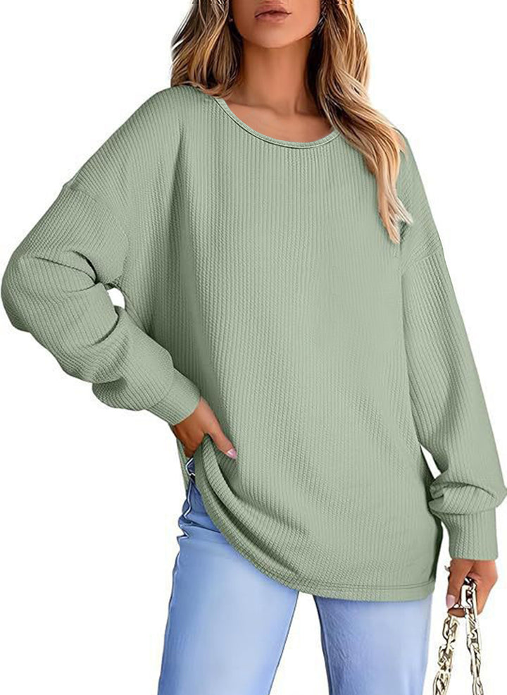 Damen Oversize Waffelstrickpullover mit Rundhals, Ballonärmeln und verlängertem Saum Drune